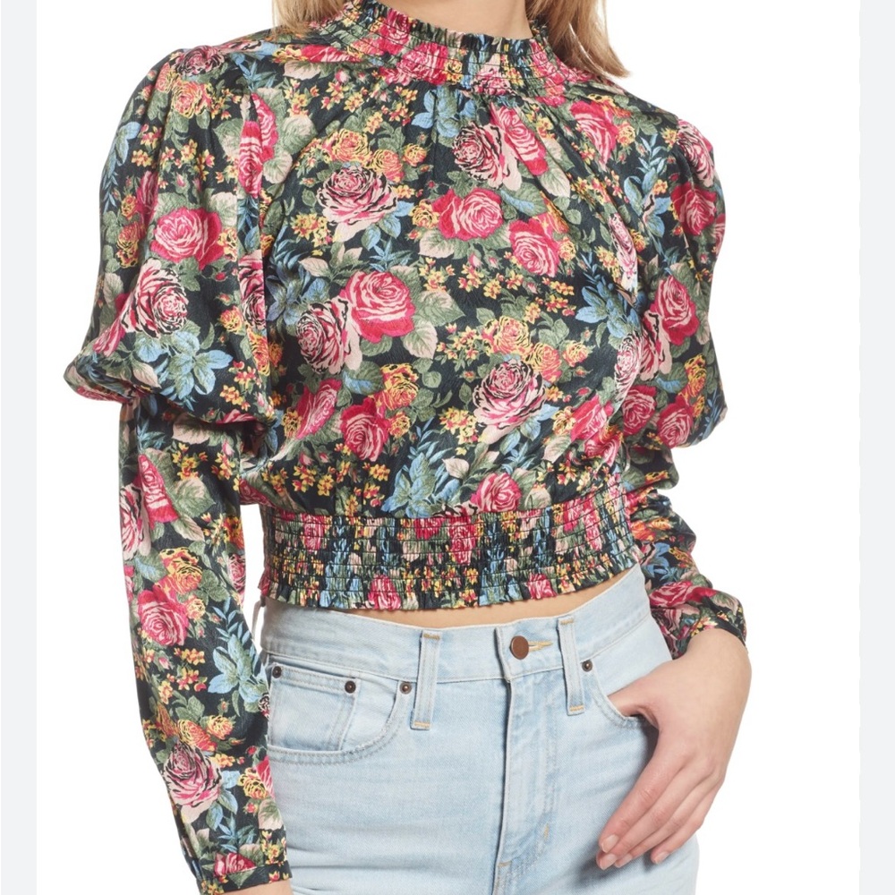 WAYF Spring Dutchess Smocked Puff Sleeve Floral Print Top In Black Rose Garden